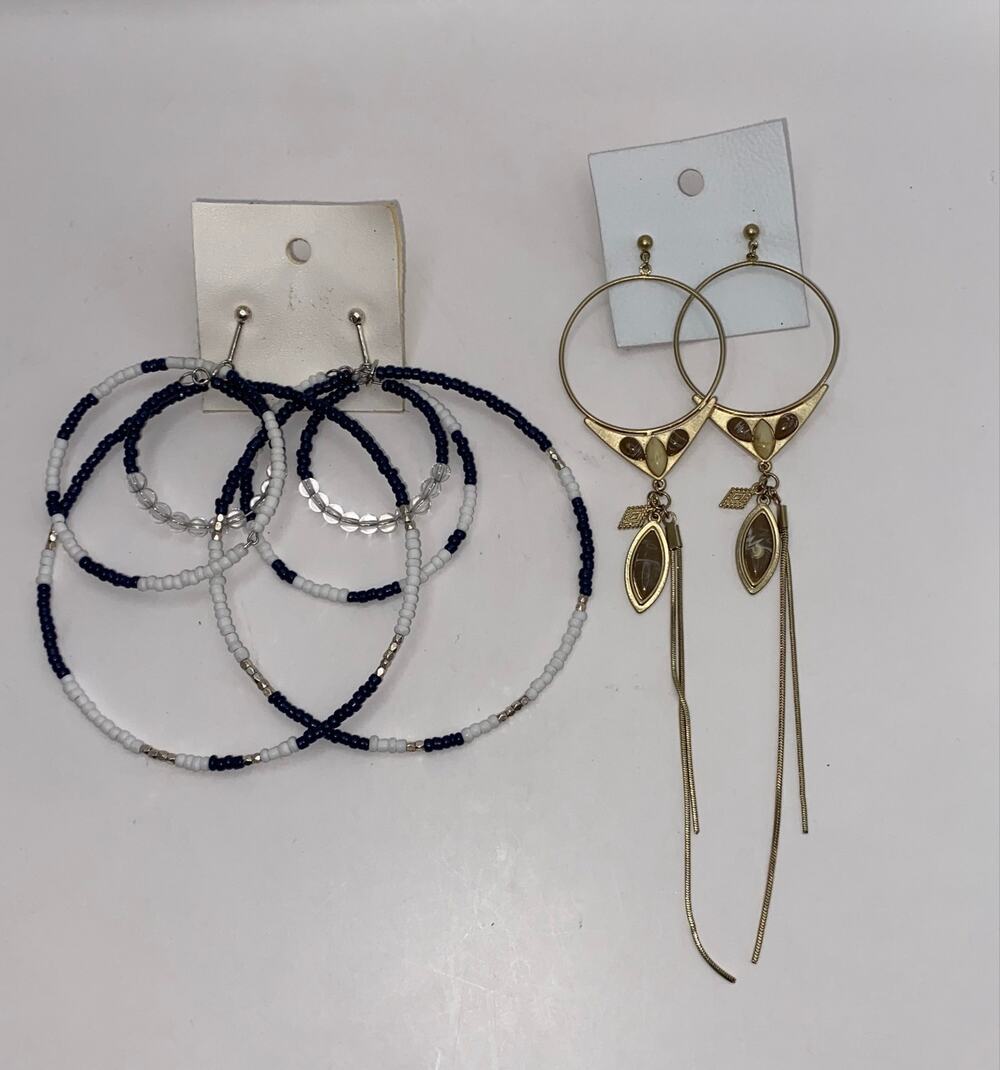 Free People Boho Statement Earrings Lot of 2 Beaded Hoops & Gold Fringe